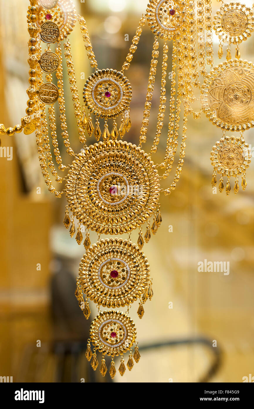 Gold jewellery for sale in the Mutrah souk in Muscat, the capital of the Sultanate of Oman. Stock Photo