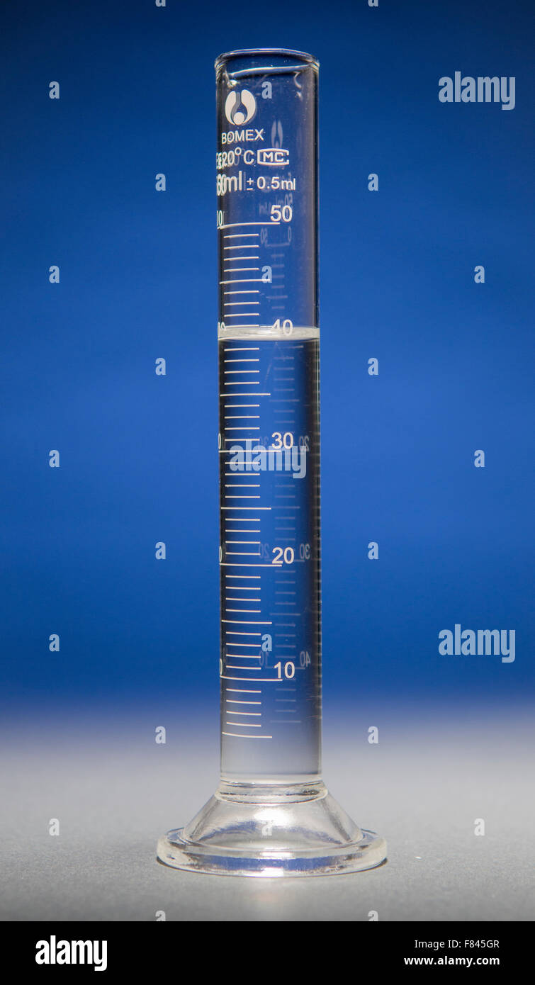 Graduated cylinder containing 40 ml of clear fluid Stock Photo