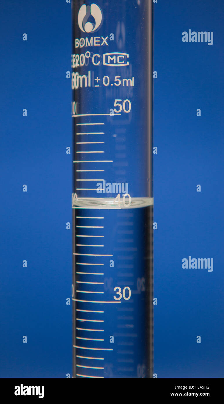 Graduated cylinder containing 40 ml of clear fluid.  Close up of the bottom of the meniscus.  The bottom of the meniscus is taken as the liquid level in the cylinder. Stock Photo