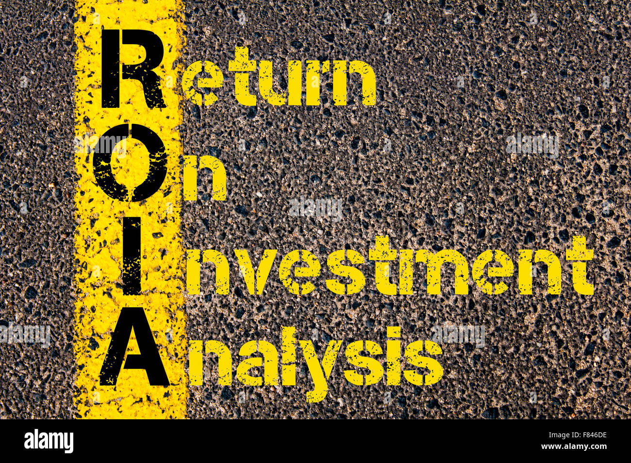 Concept image of Accounting Business Acronym ROIA Return On Investment Analysis written over road marking yellow paint line. Stock Photo
