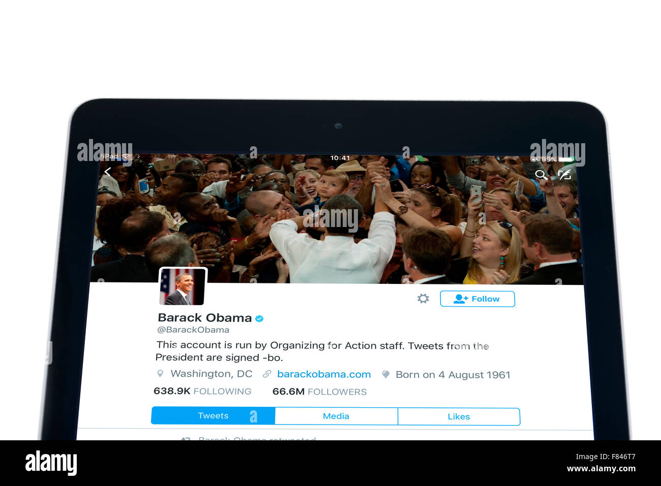 President Barack Obama's home page on the Twitter app, viewed on an iPad Air Stock Photo