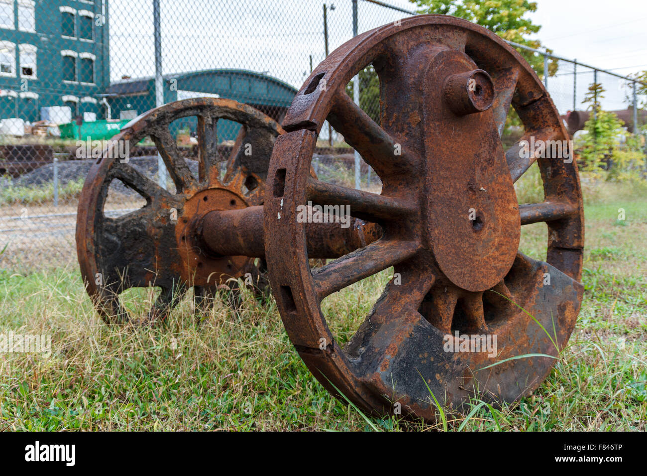 Abandoned wheels from and steam powered locomotive. Virginia Museum Of Transportation Stock Photo