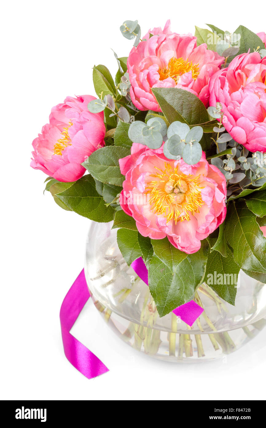 Amazing bouquet of rose peony closeup on white background Stock Photo