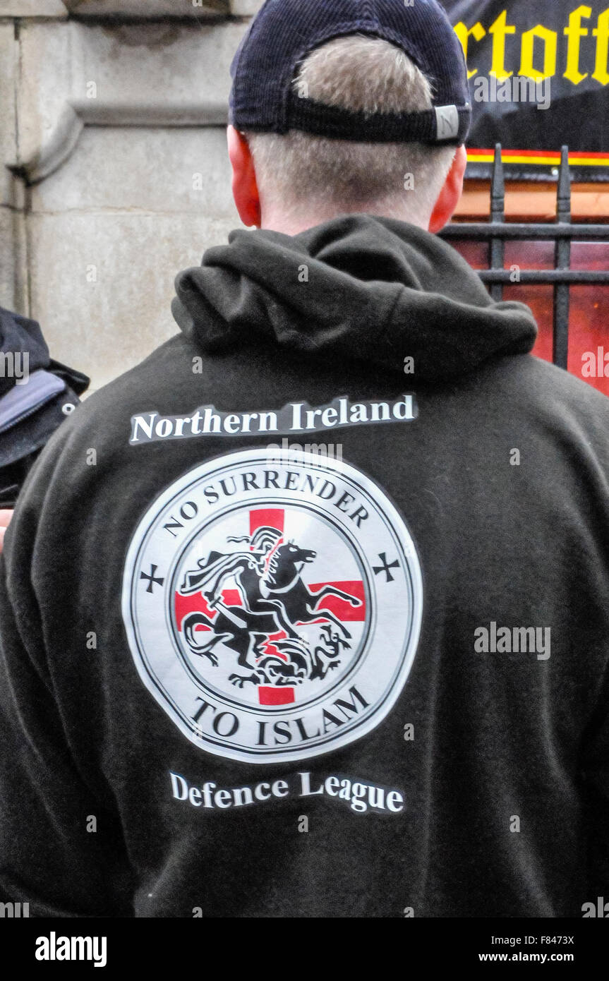 Belfast, Northern Ireland. 05 Dec 2015 - A man wears a hoodie with the slogan 'Northern Ireland Defence League: No surrender to Islam' Credit:  Stephen Barnes/Alamy Live News Stock Photo