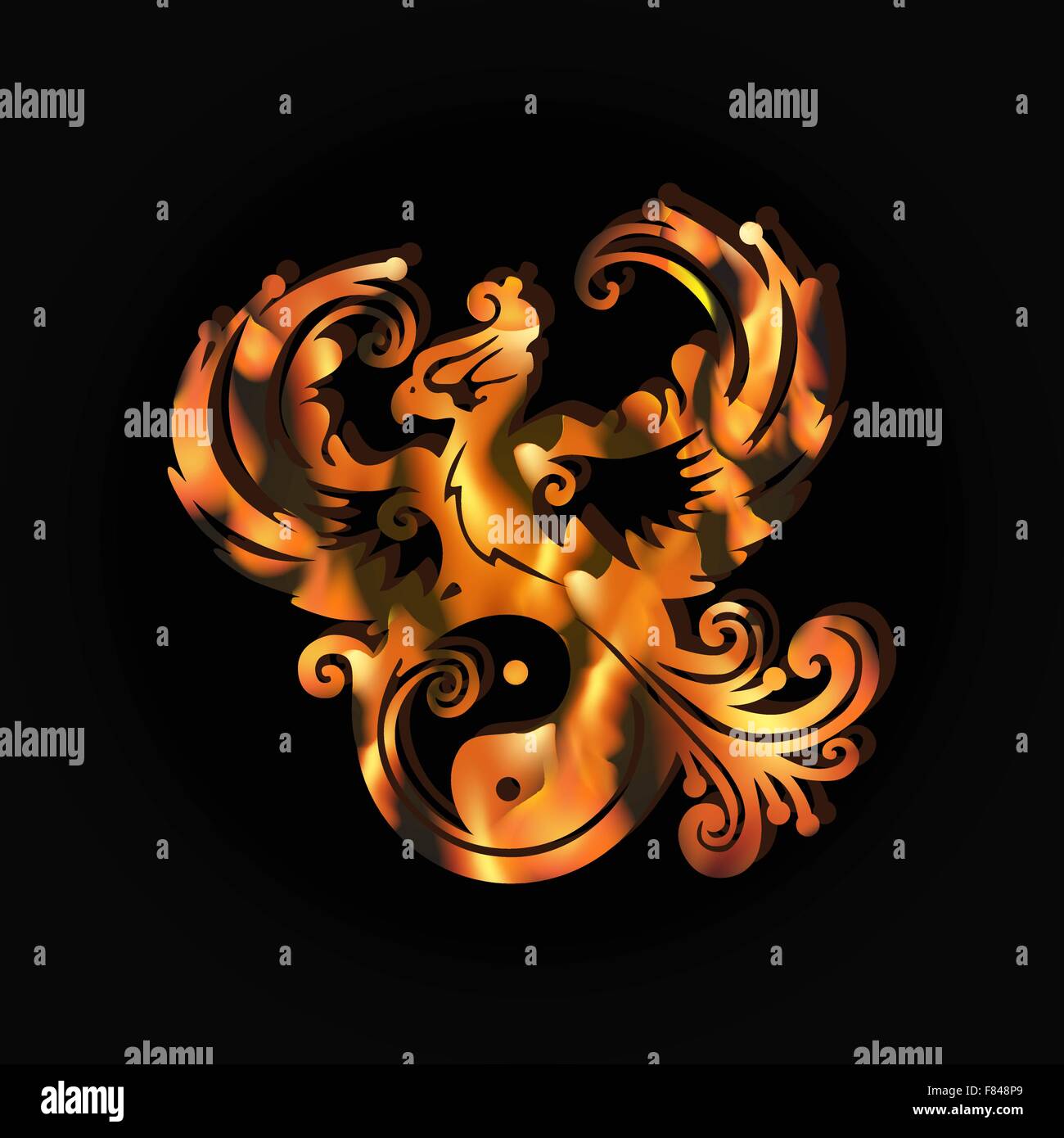 Flame Phoenix with Yin-Yang symbol Stock Vector