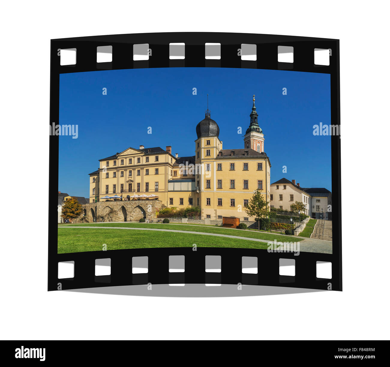The Lower Castle is situated on the banks of the White Elster, next to the St. Marys Church, Greiz, Thuringia, Germany, Europe Stock Photo