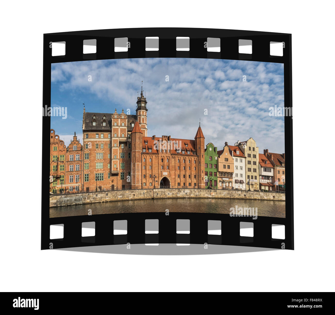 View over the Motlawa to the Brama Mariacka Gate. The Gate was built in late Gothic style, Gdansk, Pomerania, Poland, Europe Stock Photo