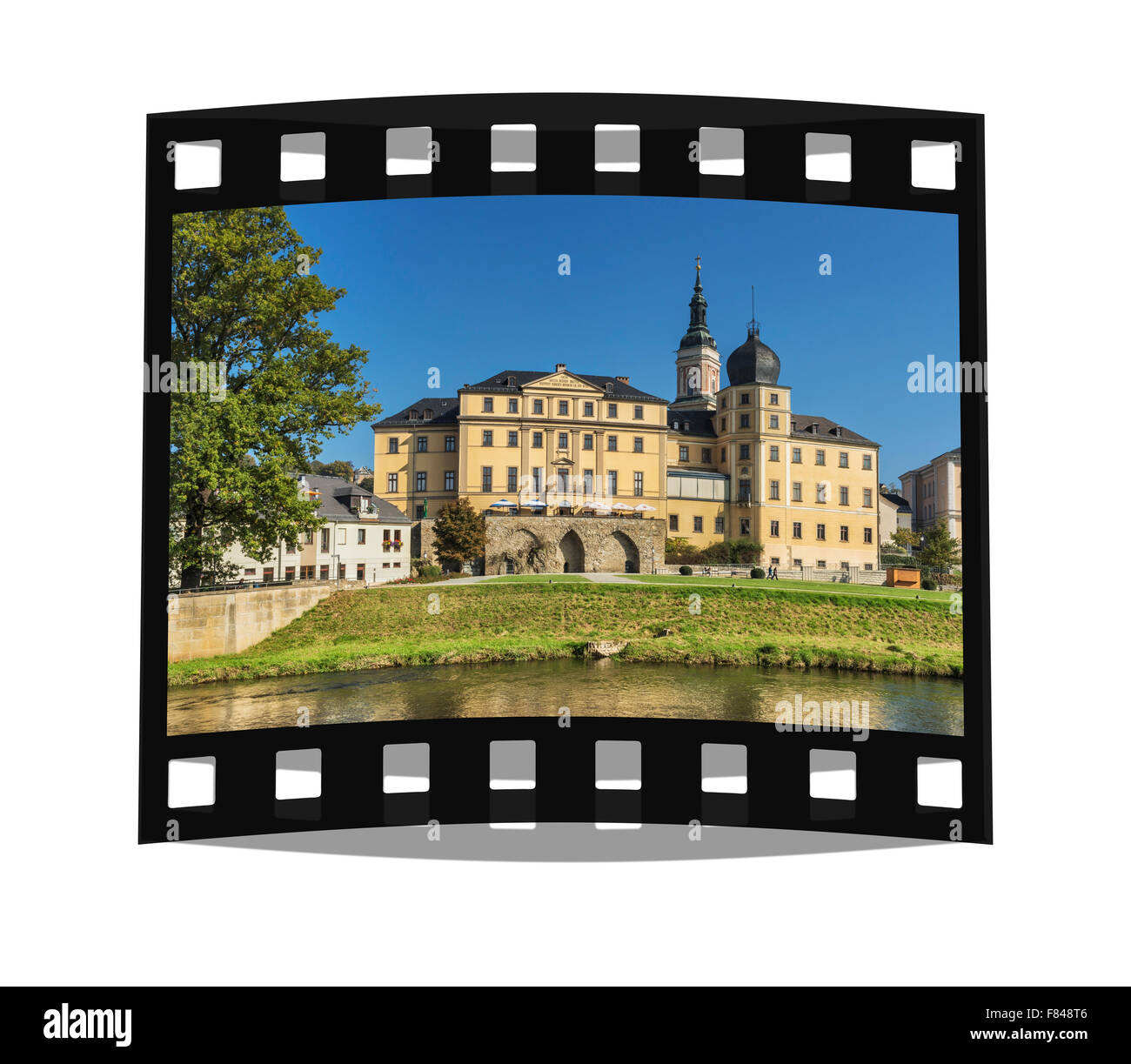 The Lower Castle is situated on the banks of the White Elster, next to the St. Marys Church, Greiz, Thuringia, Germany, Europe Stock Photo