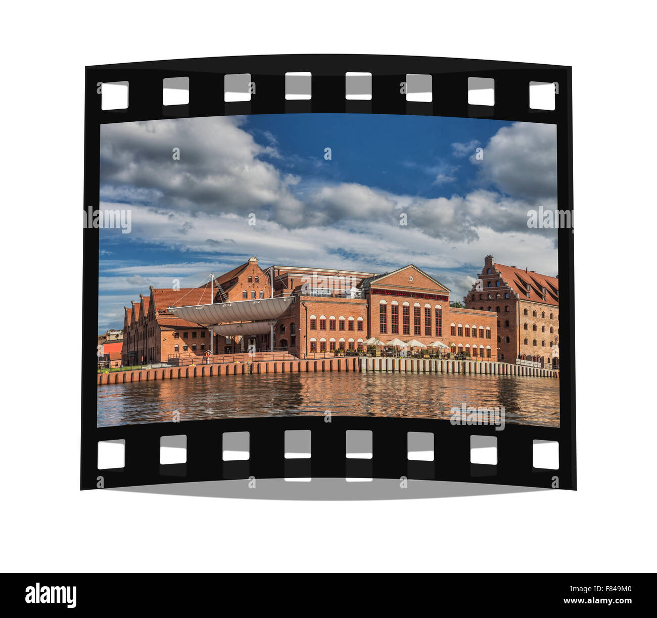 View over the Motlawa to the Polish Baltic Philharmonic, built from 1996 to 2002 at Olowianka island, Gdansk, Poland, Europe Stock Photo