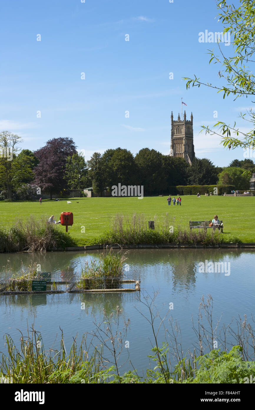 Abbey Church tower seen beyond Abbey Grounds in spring sunshine