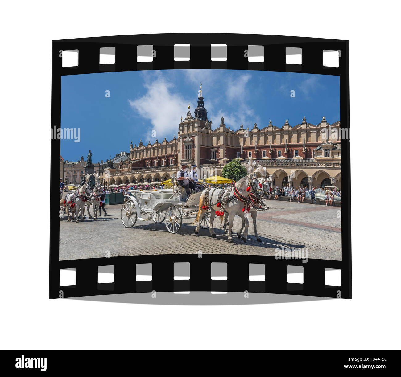 Horse-drawn carriages await tourists on the Krakow Cloth Hall, of the Main Market Square, Poland, Lesser Poland, Europe Stock Photo