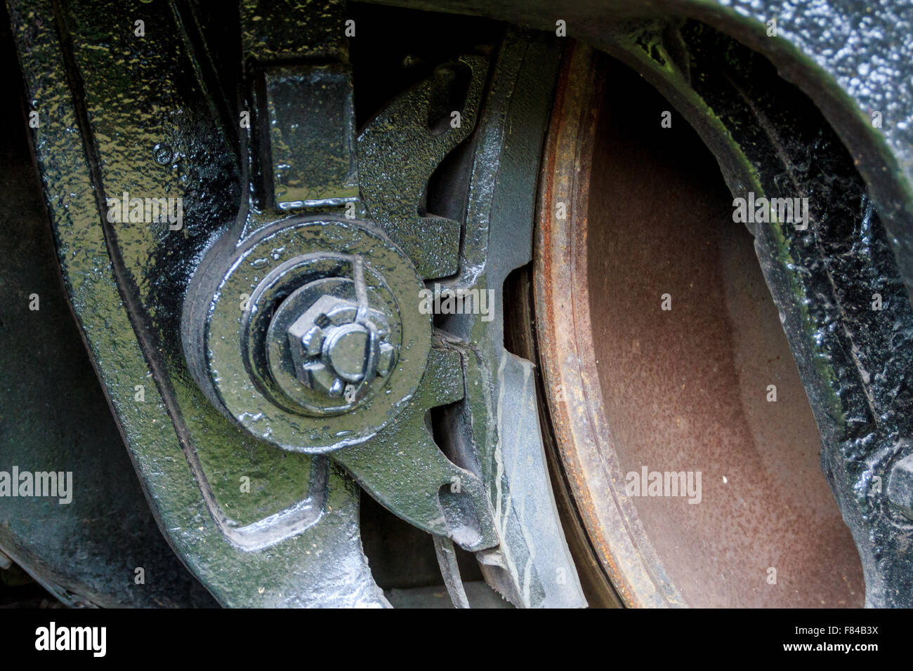 Close up of wheel and brake pad on diesel powered locomotive. Virginia Museum Of Transportation Stock Photo