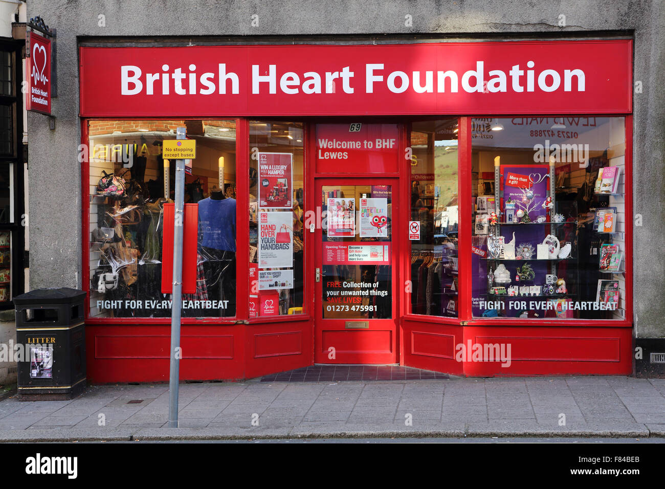 A British Heart Foundation shop in Lewes, England. The shop sells goods