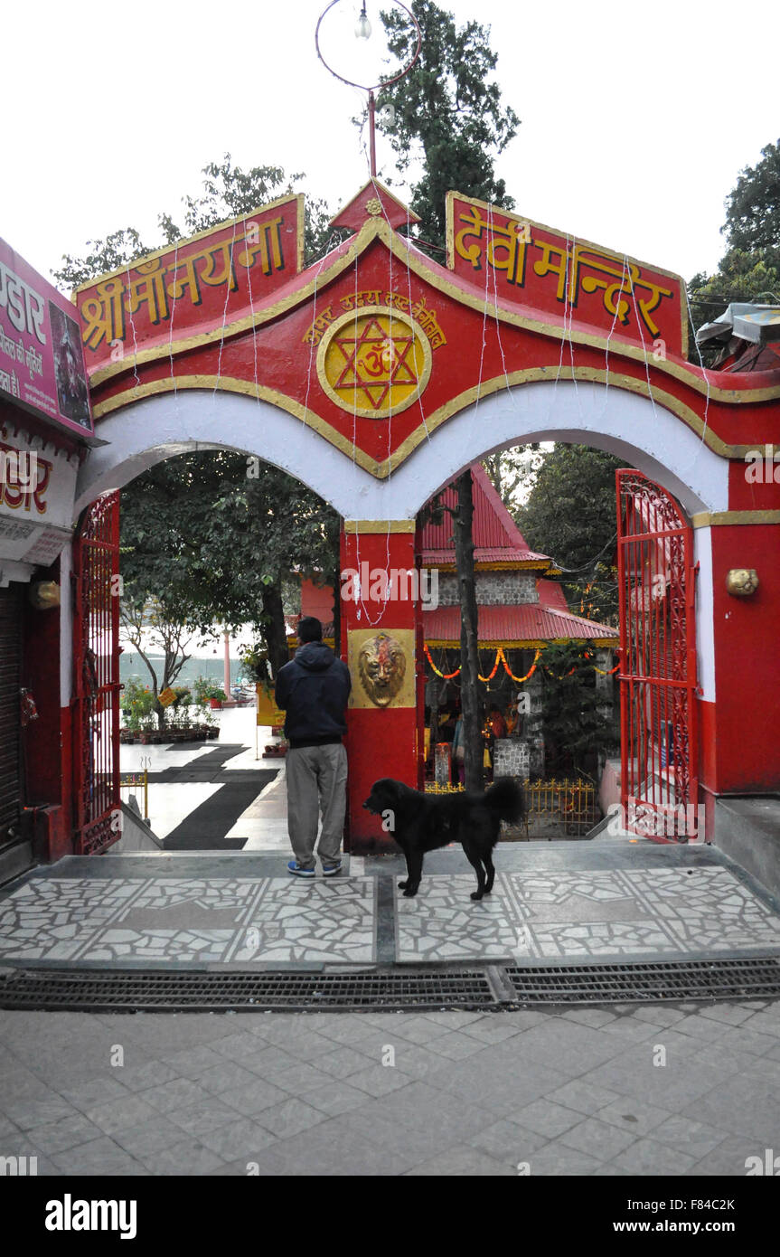 Main gate of Naina Devi Temple early in the morning on Diwali " The