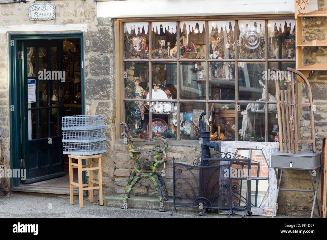 Outside view of a old Antique shop in the cotswolds Stock Photo
