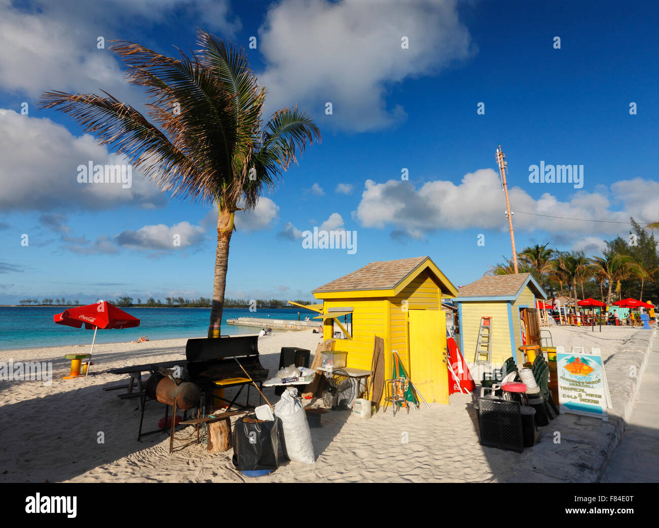 Nassau Junkanoo beach. Yellow grill house on the beach Stock Photo