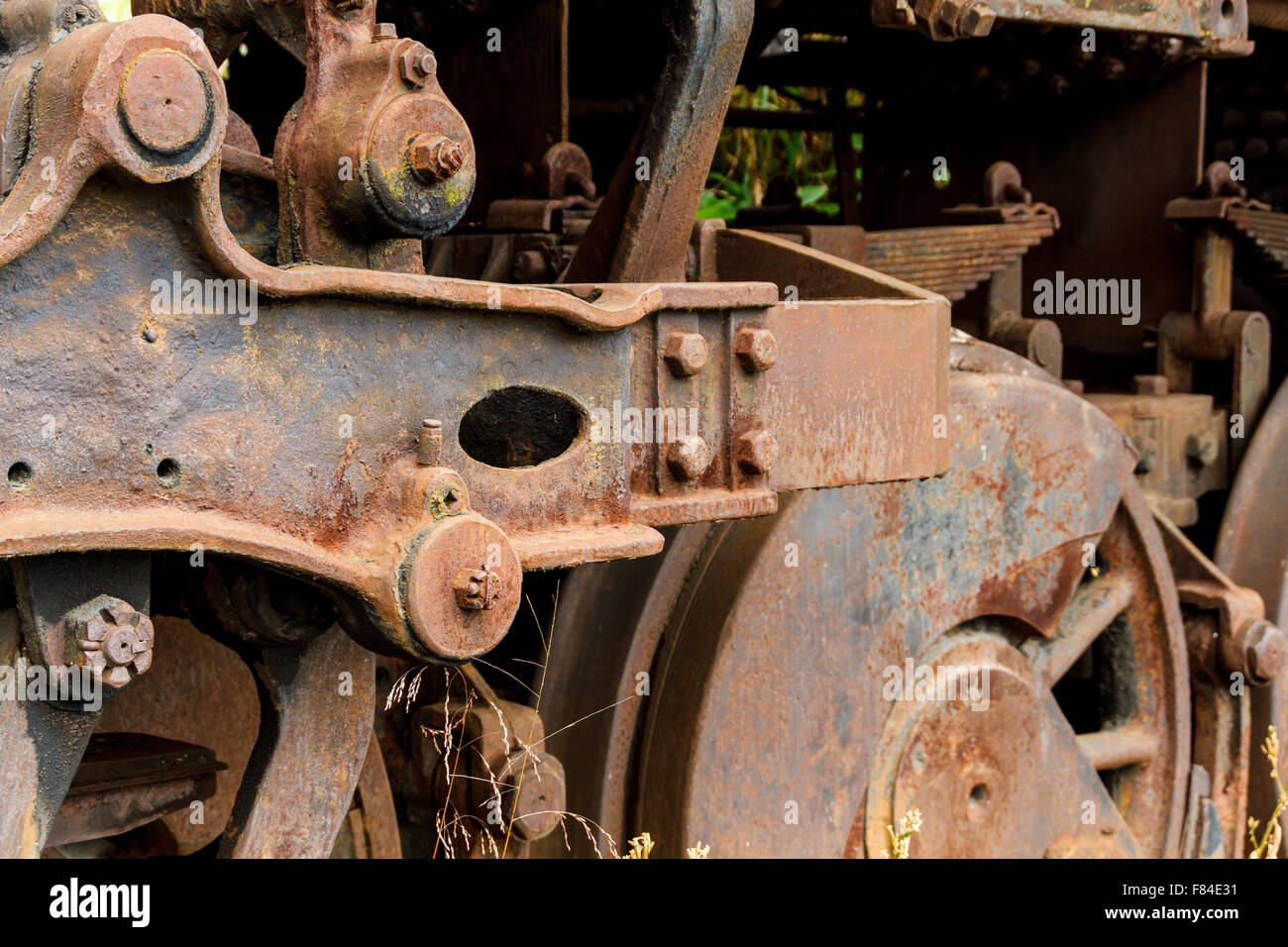 Close up wheels on abandoned steam powered locomotive. Virginia Museum Of Transportation Stock Photo