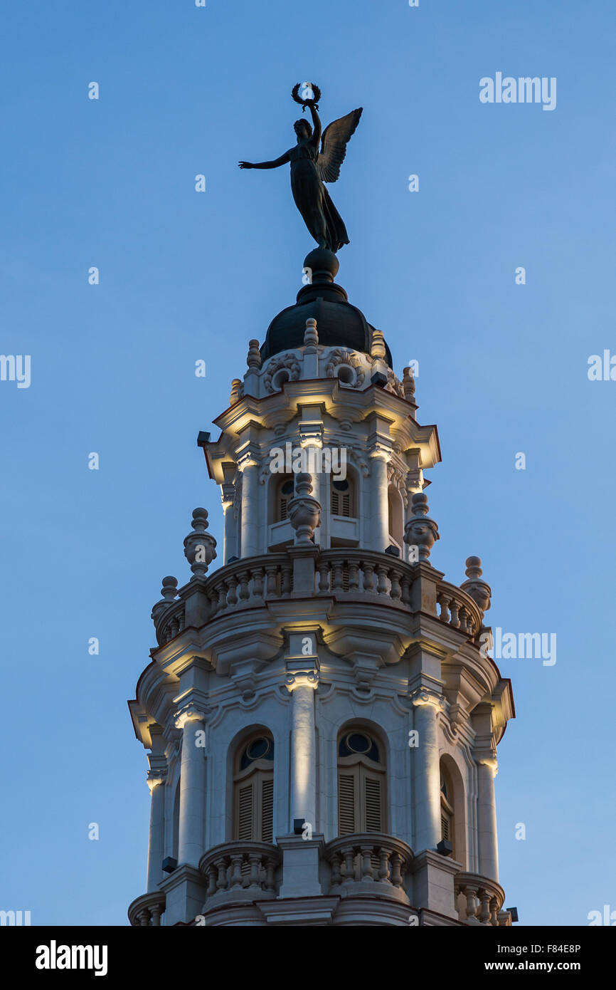 The Giraldilla (the symbol of the Cuban capital, Havana) on the top of Gran Teatro de La Habana hotel in the heart of the city. Stock Photo