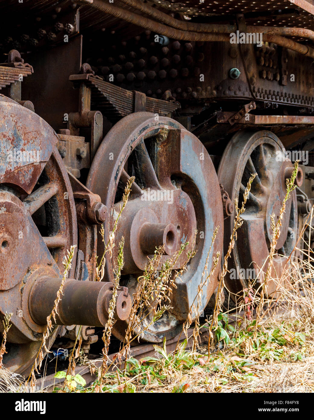 Close up wheels on abandoned steam powered locomotive. Virginia Museum Of Transportation Stock Photo