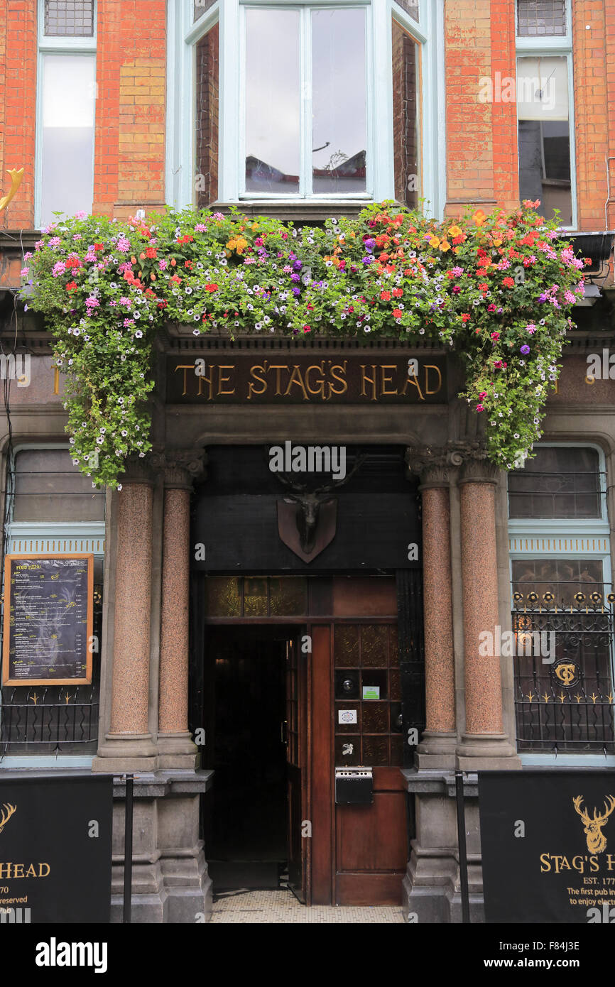 Flowers decorated the entrance of the Stags Head pub.Dublin.Ireland Stock Photo