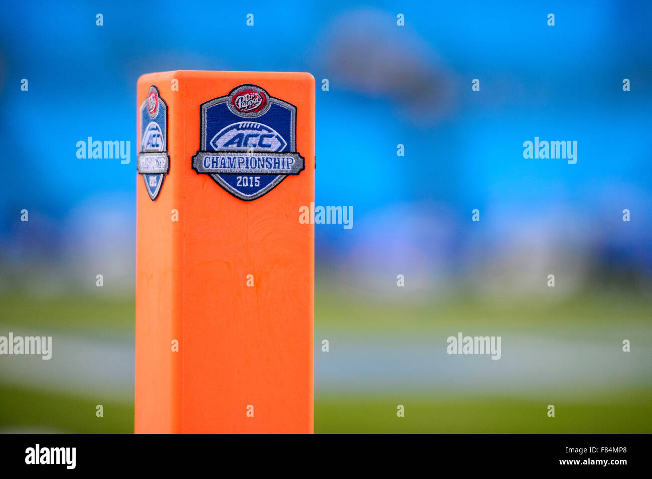 The pylon in the end zone with the ACC Championship logo before the ACC