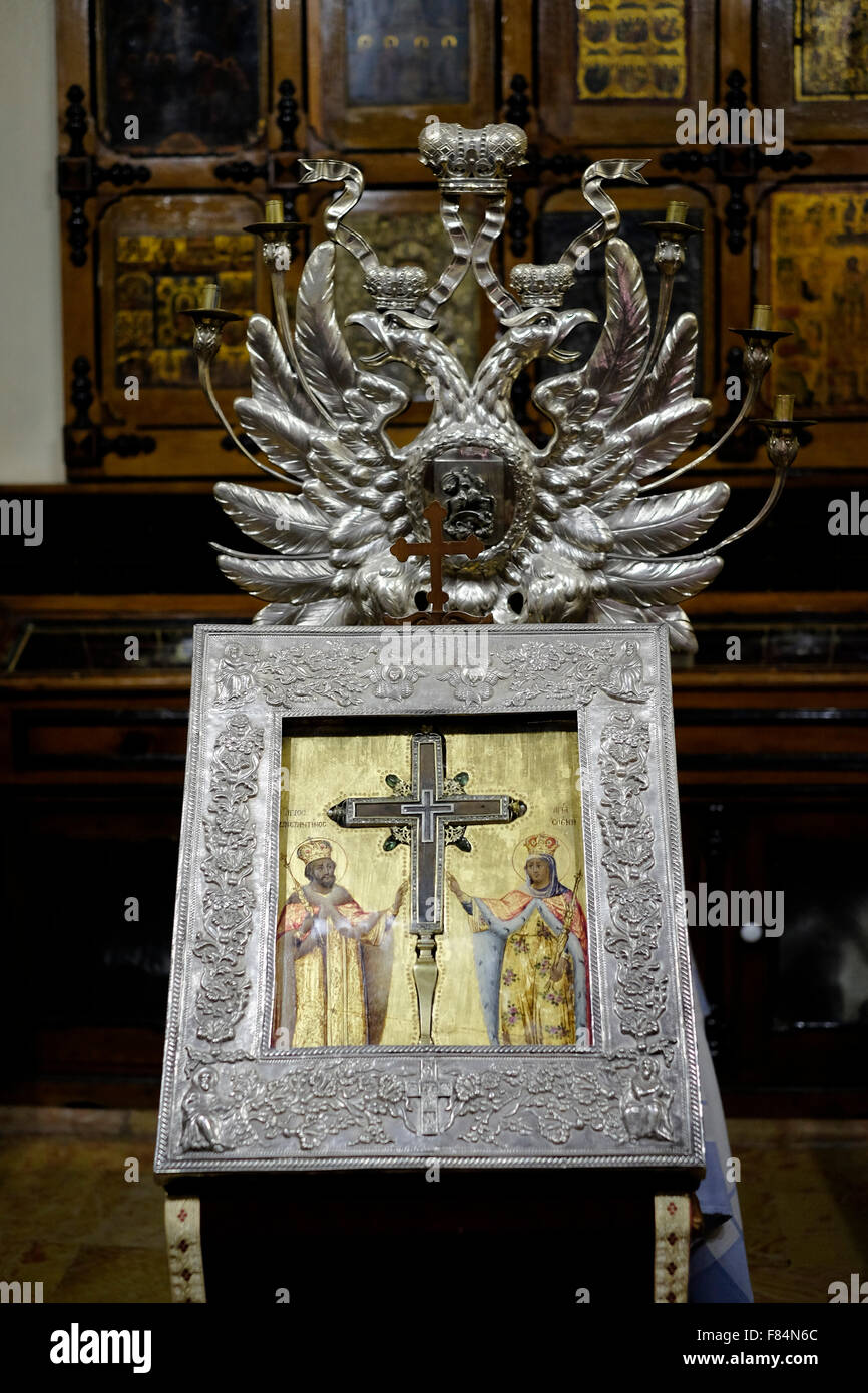 Silver reliquary of the True Cross displayed at the Greek Treasury holding relics including inside the Church of the Holy Sepulchre old city Jerusalem Stock Photo