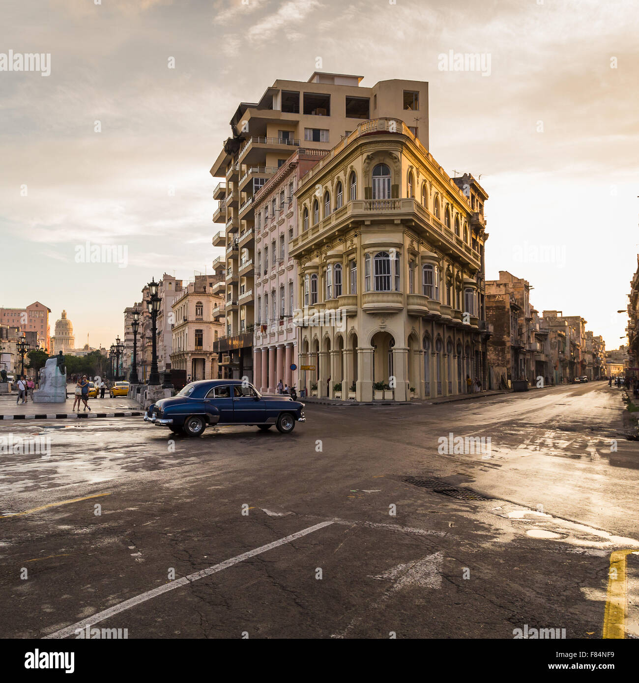 The junction of San Lazaro & the Prado lit up in beautiful golden light as the sun begins to set. Stock Photo