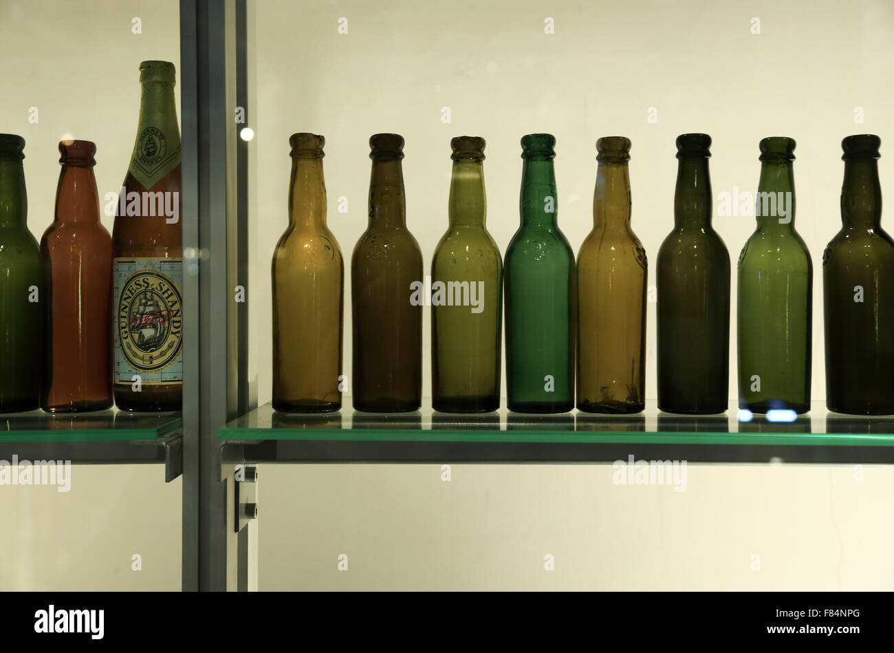 Different types of Guinness beer bottles display in Guinness Storehouse