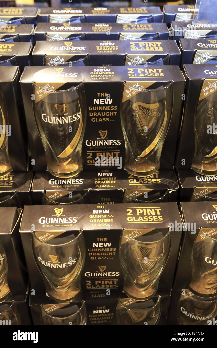 Beer glasses with Guinness logo for sale in the gift shop of Guinness