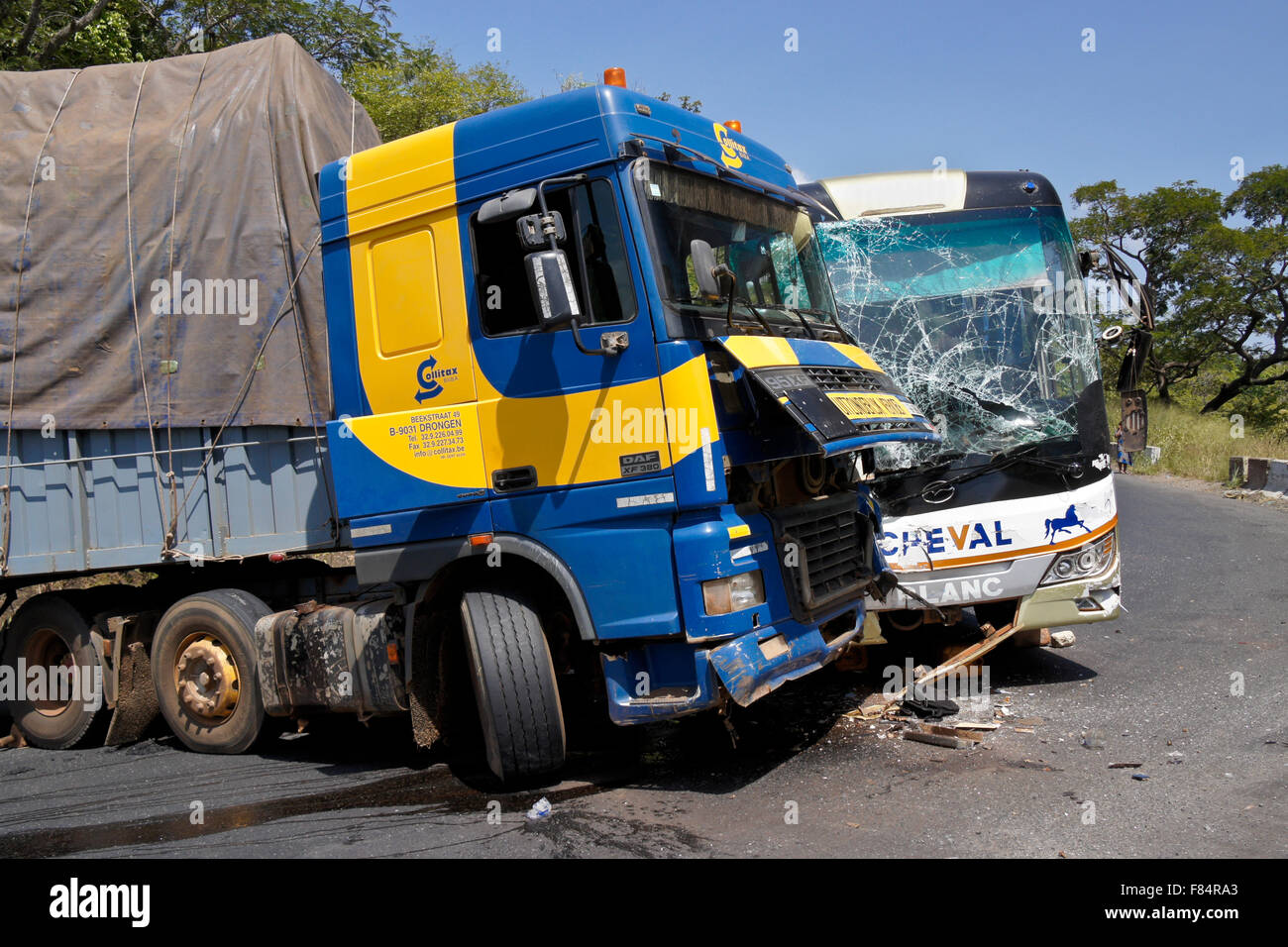 Collision on the mountain road between Djougou (Benin) and Atakpame (Togo), West Africa Stock Photo