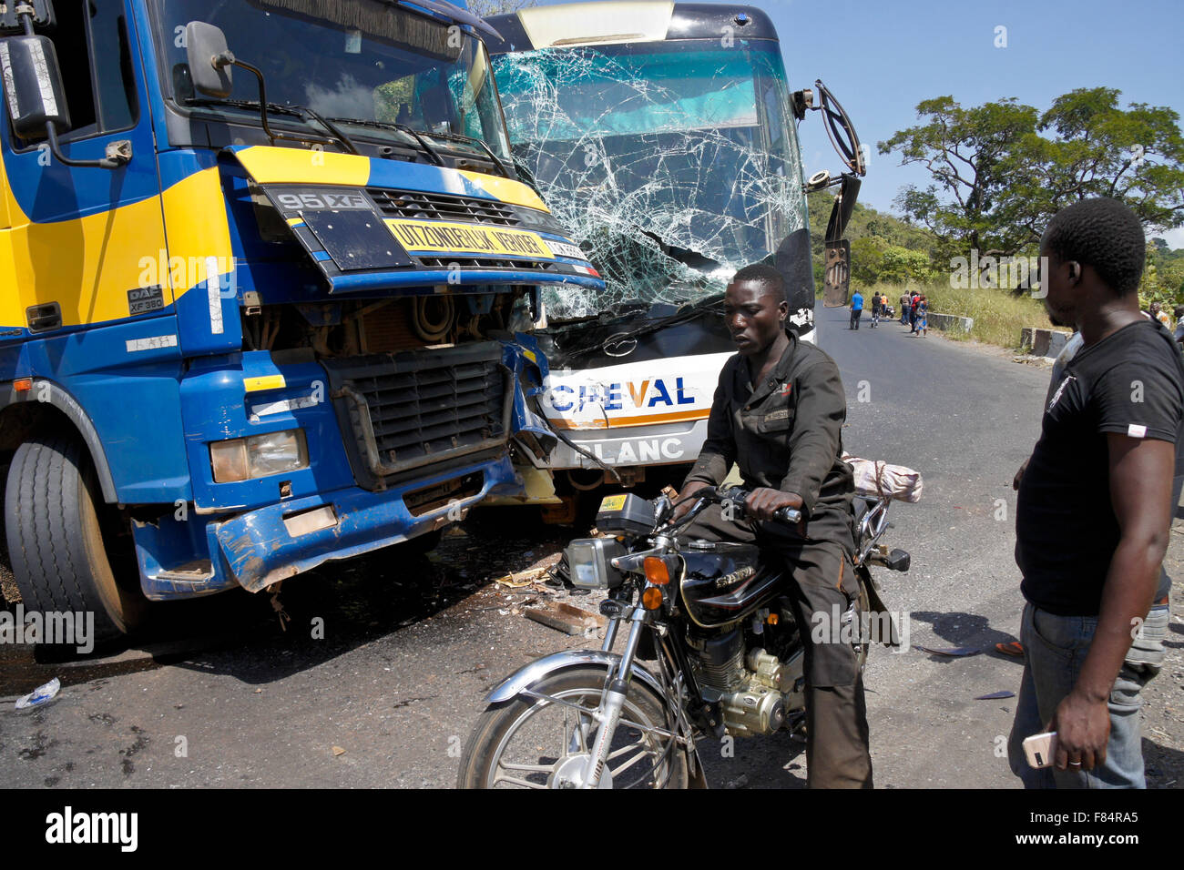 Collision on the mountain road between Djougou (Benin) and Atakpame (Togo), West Africa Stock Photo