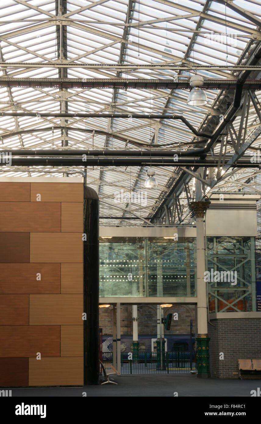 Waverley Station Edinburgh showing refurbished roof and new operations depot entrance installation. Stock Photo