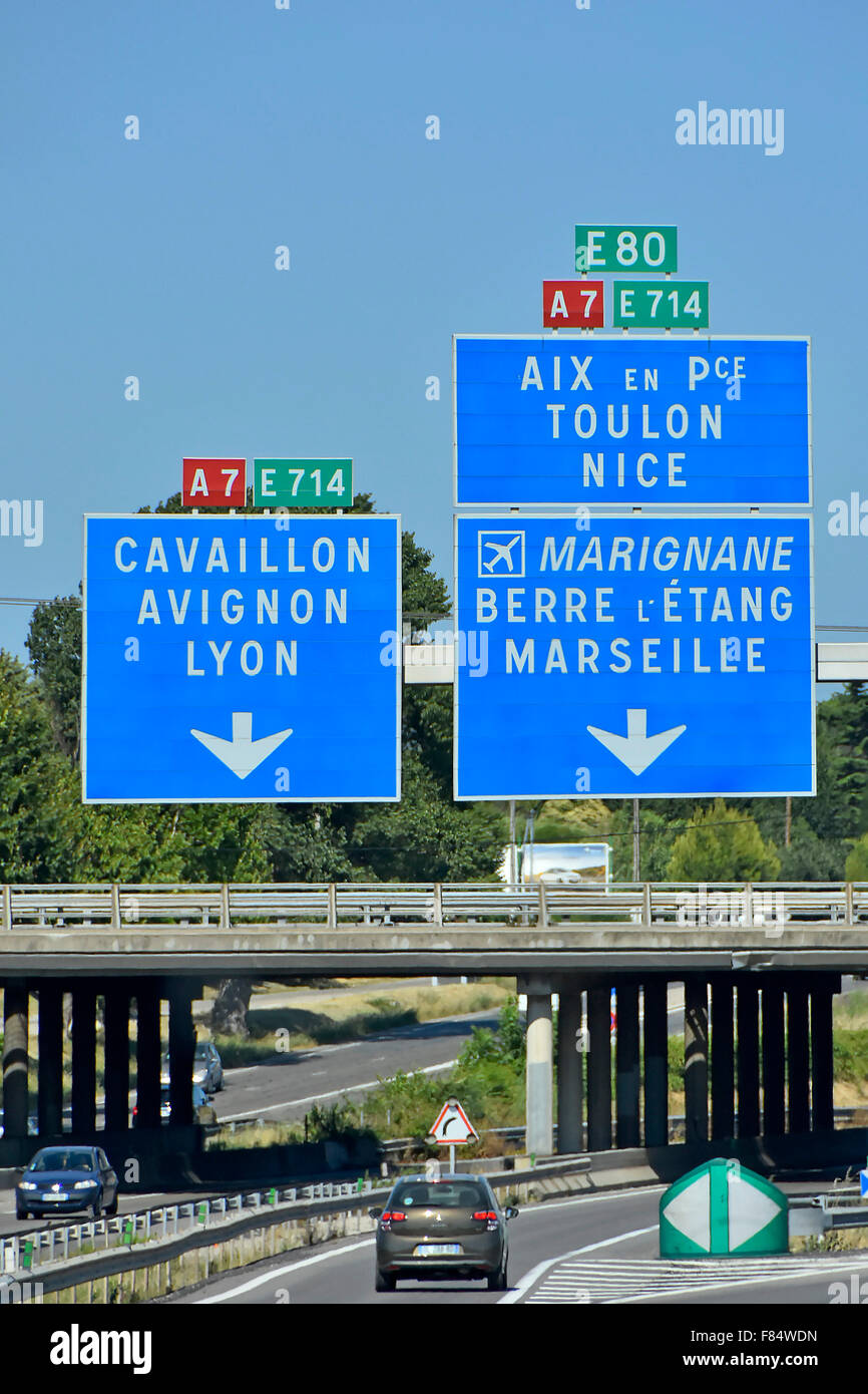French toll autoroute in Provence gantry route signs above A8 showing connecting routes and junctions France Stock Photo