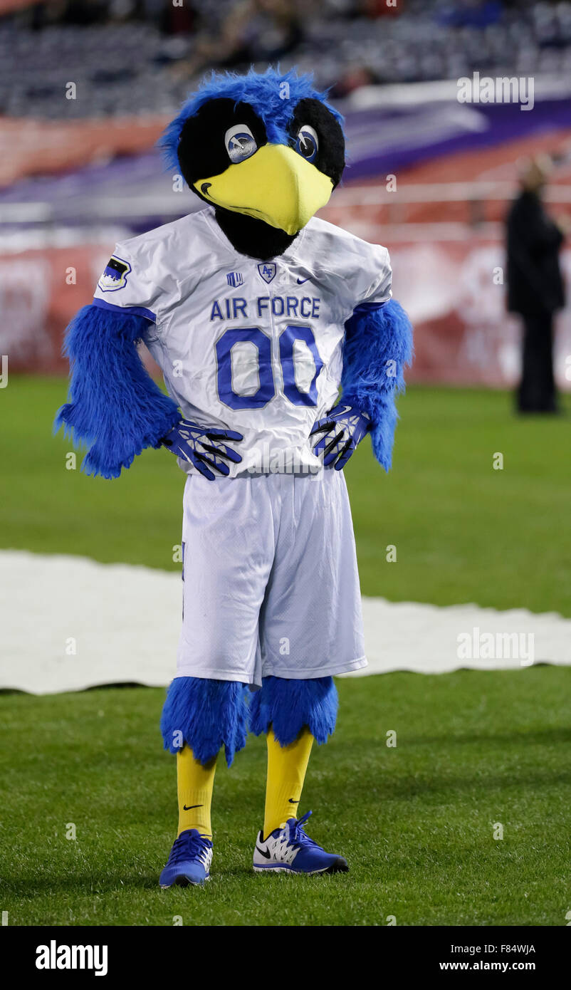 December 5, 2015: United States Air Force Academy mascot during the Mountain West Conference Championship NCAA football game between the San Diego State University Aztecs and the United States Air Force Academy Falcons at Qualcomm Stadium in San Diego, California. SDSU Aztecs tied the United States Air Force Falcons at half time 10 - 10. Justin Cooper/CSM Stock Photo