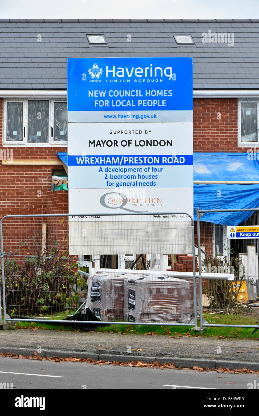 New housing for local people on existing Harold Hill Romford housing estate Havering East London sign supported by the Mayor of London England UK Stock Photo