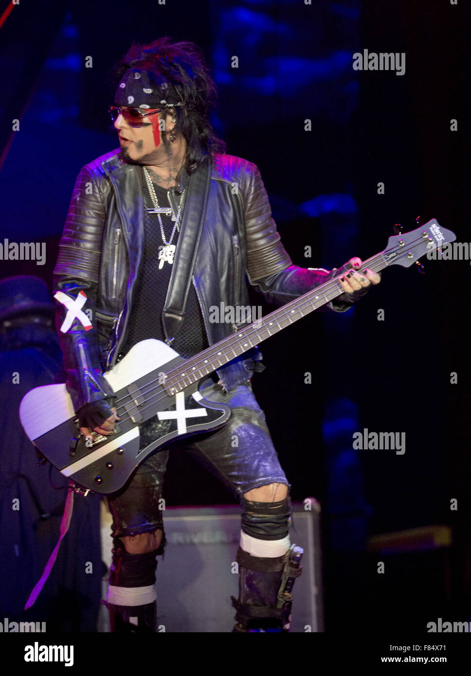 Motley Crue performing live on stage at the Genting Arena in Birmingham