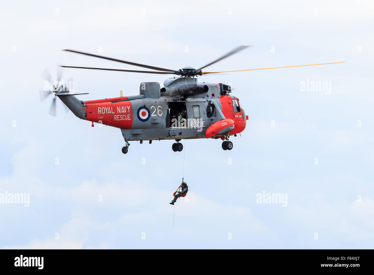 The Westland WS-61 Sea King performing a mock rescue at the Southport Airshow Sunday 20th September 2015. Stock Photo