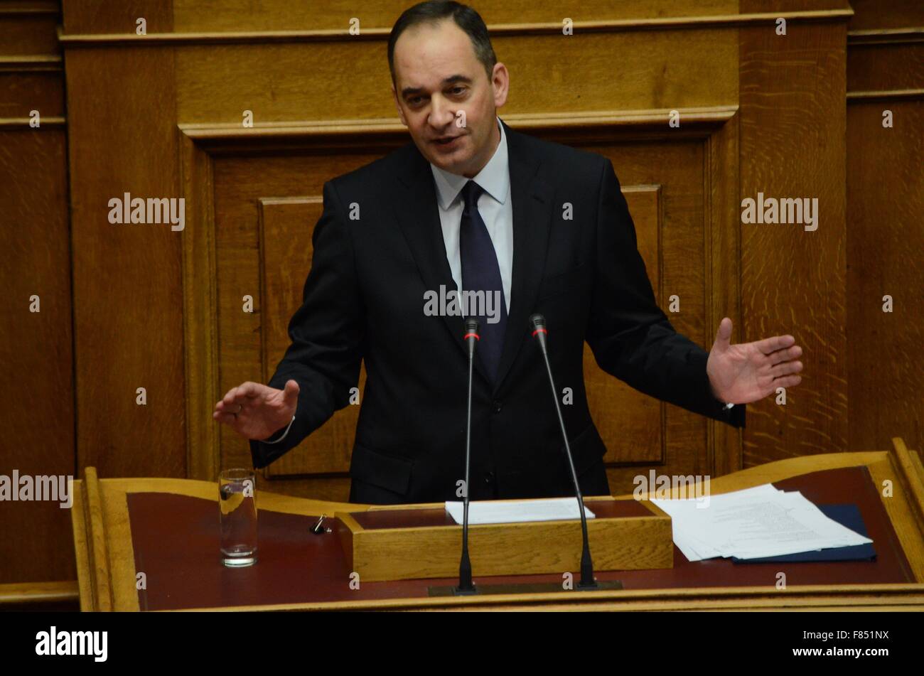Athens, Greece. 06th Dec, 2015. Vice President of New Democracy Ioannis  Plakiotakis talks to the Greek parliament. Greek lawmakers voted for the  2016 Greek State Budget. © George Panagakis/Pacific Press/Alamy Live News