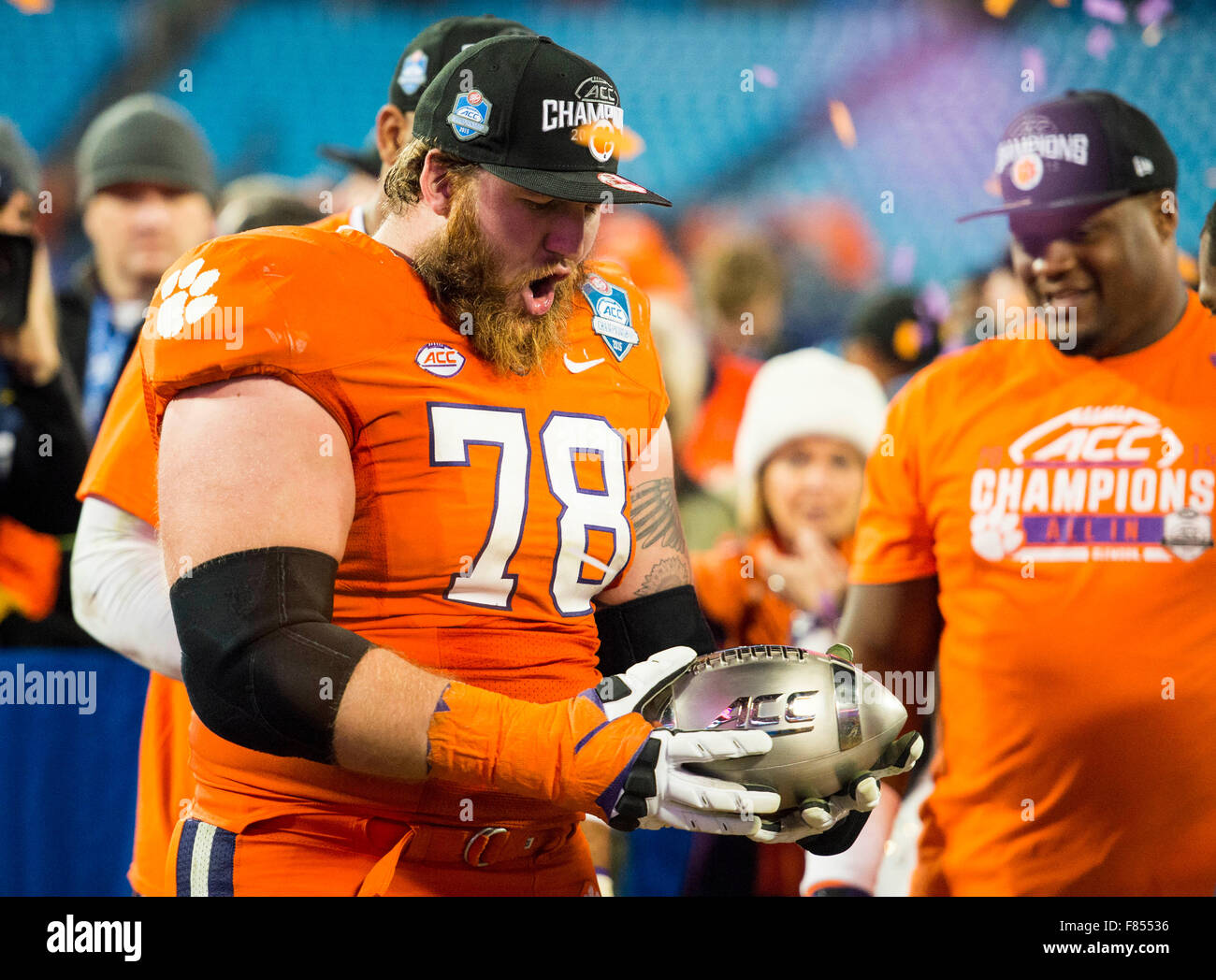 Clemson offensive lineman Eric Mac Lain (78) holds the trophy after the ACC College Football Championship game between North Carolina and Clemson on Saturday Dec. 5, 2015 at Bank of America Stadium, in Charlotte, NC. Jacob Kupferman/CSM Stock Photo