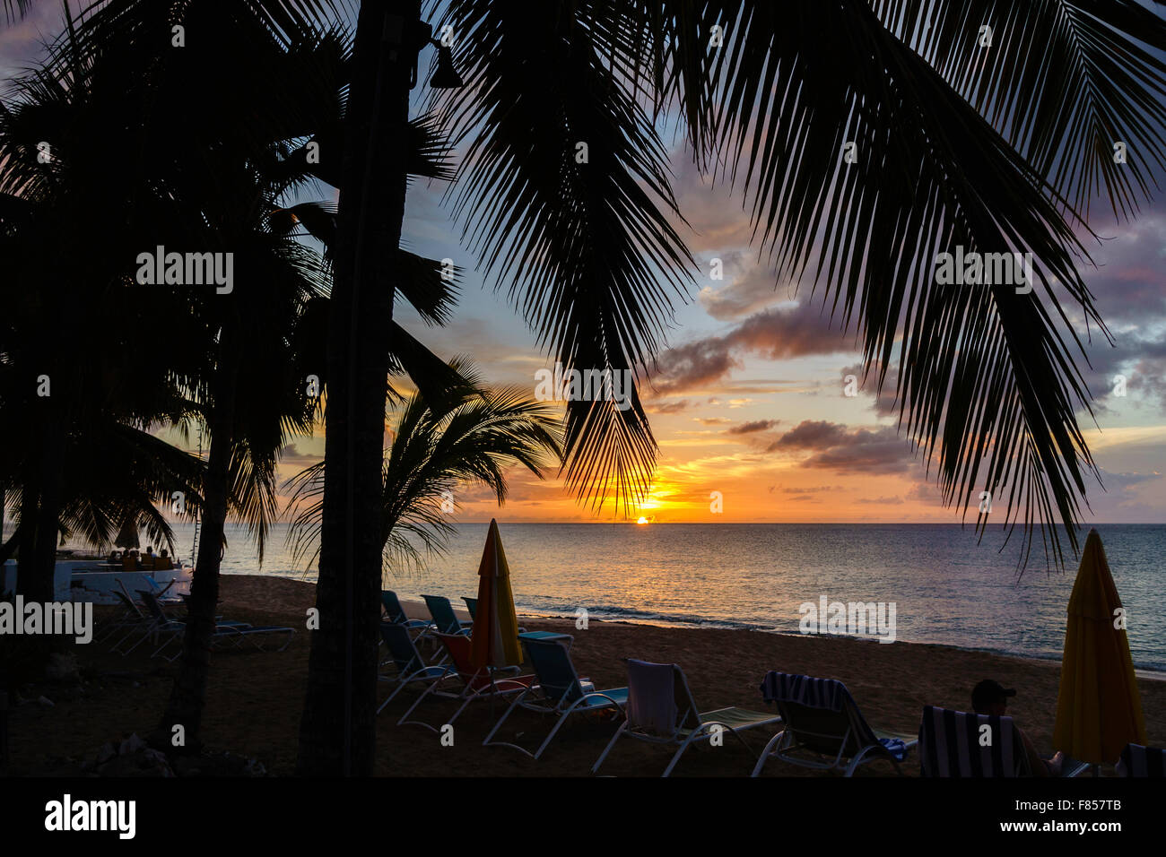 Sunset at a beachside resort, beach chairs, palm trees, Caribbean Sea in St. Croix, U.S. Virgin Islands. Stock Photo