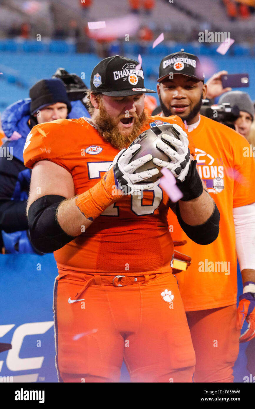 Charlotte, NC, USA. 6th Dec, 2015. offensive lineman Eric Mac Lain (78) of the Clemson Tigers gets wow'd by the Trophy for the ACC Championship between the North Carolina Tar Heels and the Clemson Tigers at Bank of America Stadium in Charlotte, NC. Scott Kinser/CSM/Alamy Live News Stock Photo