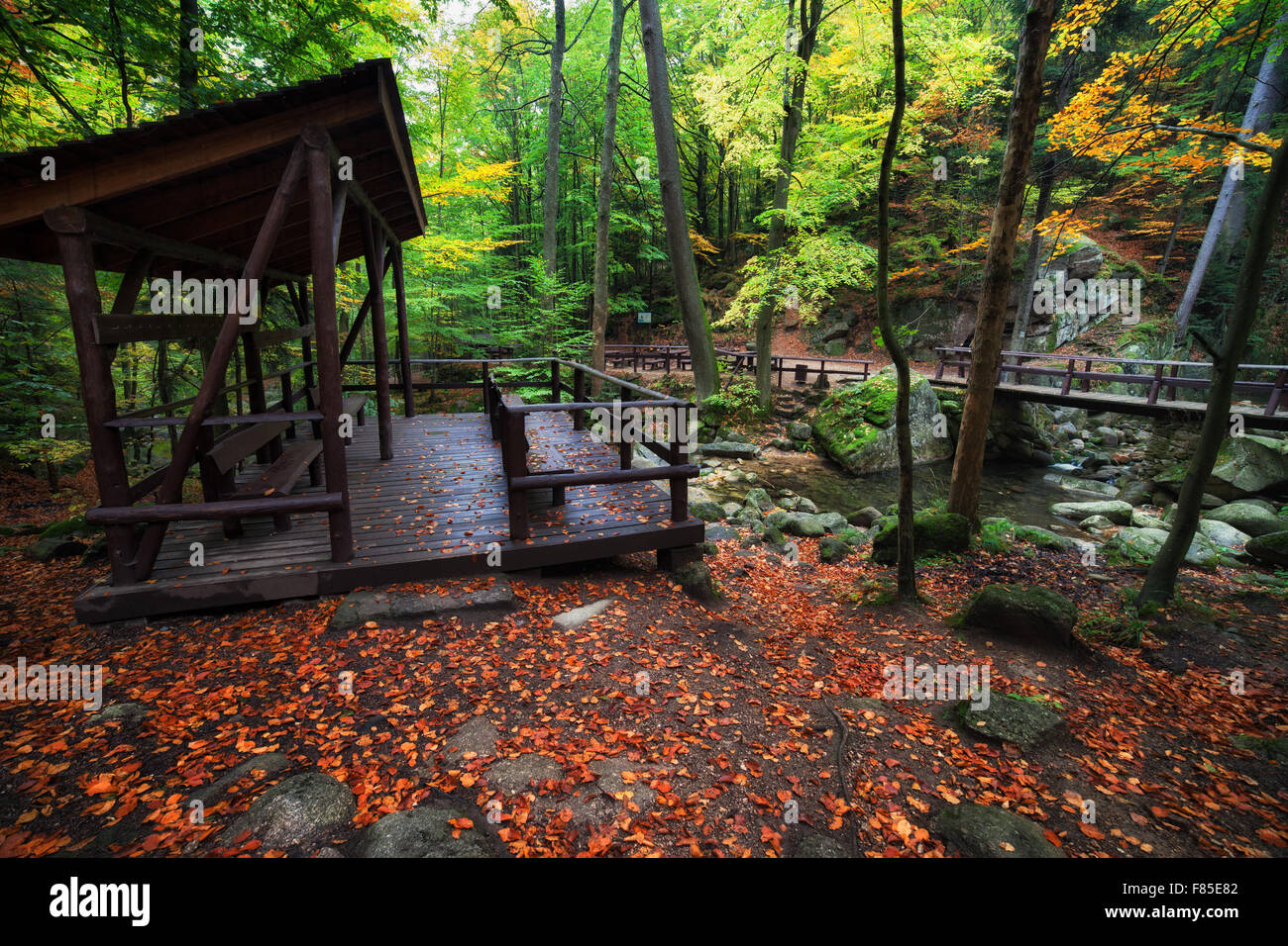 Shelter with benches by the stream in tranquil autumn forest of Karkonosze Mountains, Przesieka, Poland Stock Photo