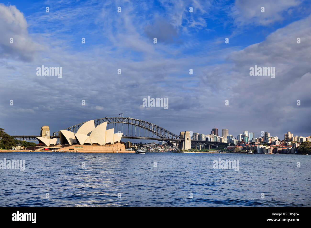 Panorama of NOrth SYdney part of Harbour from Royal Botanic Garden with major landmarks of Sydney including Harbour Bridge Stock Photo