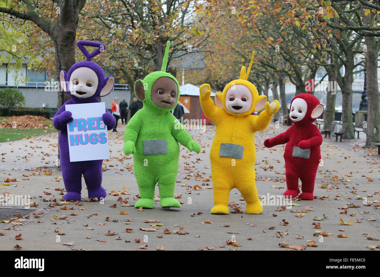 Teletubbies on the south bank giving away hugs outside ITV Studios  Featuring: Teletubbies Where: London, United Kingdom When: 05 Nov 2015 Stock Photo