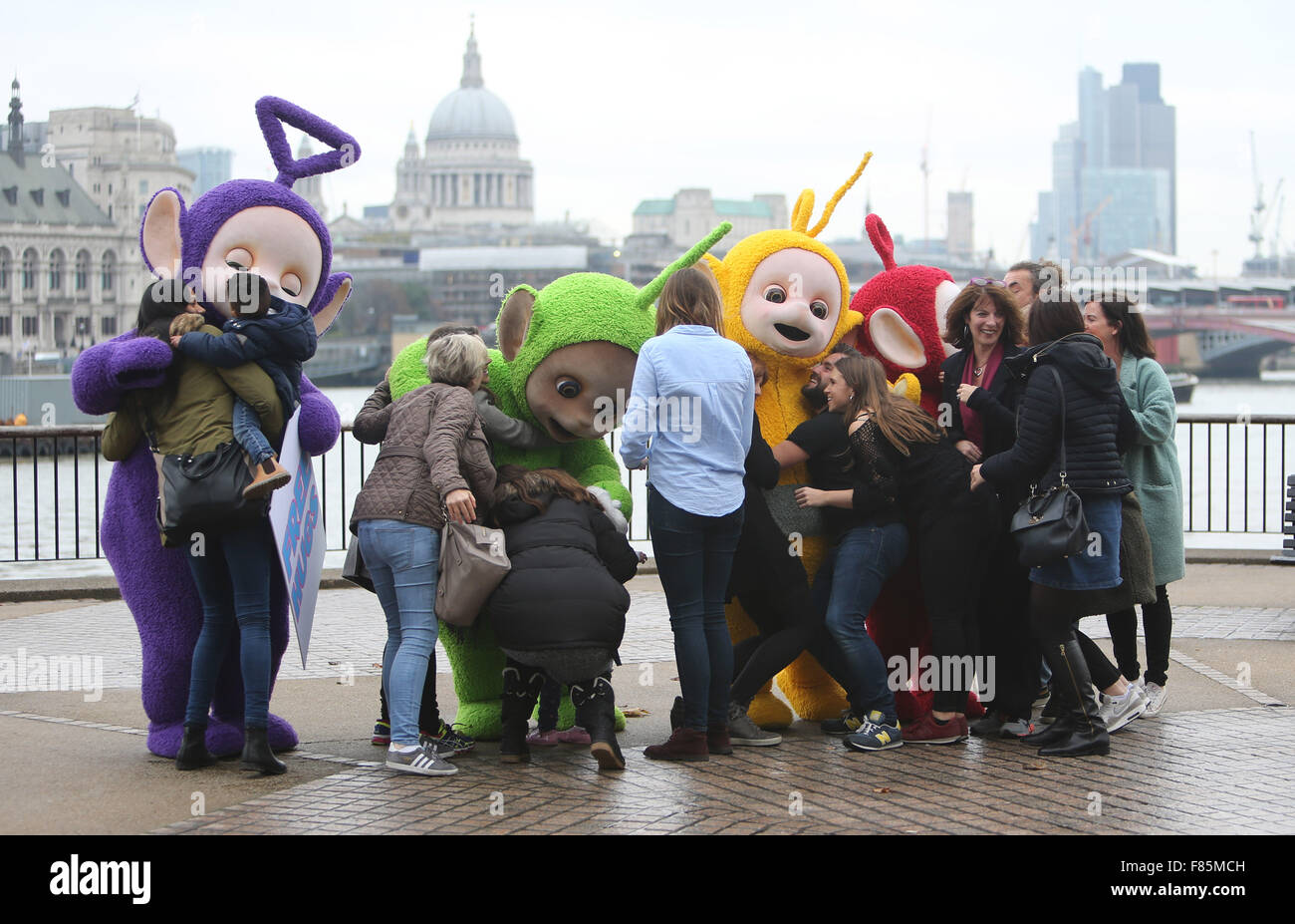 Teletubbies on the south bank giving away hugs outside ITV Studios  Featuring: Teletubbies Where: London, United Kingdom When: 05 Nov 2015 Stock Photo
