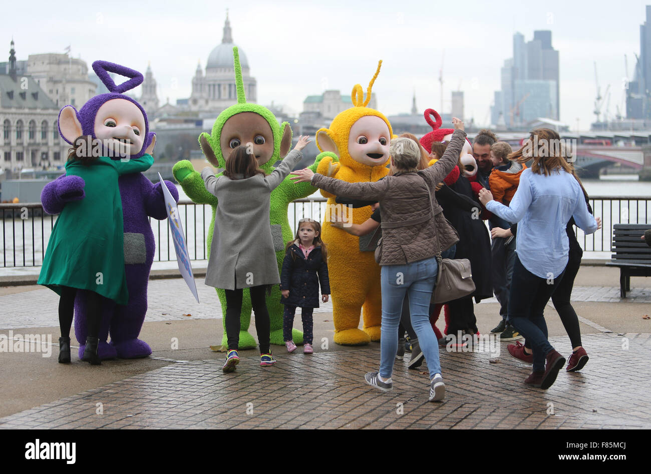Teletubbies on the south bank giving away hugs outside ITV Studios  Featuring: Teletubbies Where: London, United Kingdom When: 05 Nov 2015 Stock Photo