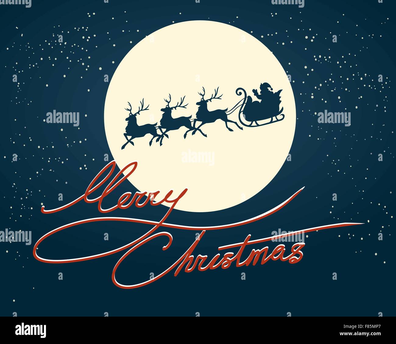 Santa Claus riding on sledges on a background of the full moon. Illustration in retro style Stock Vector