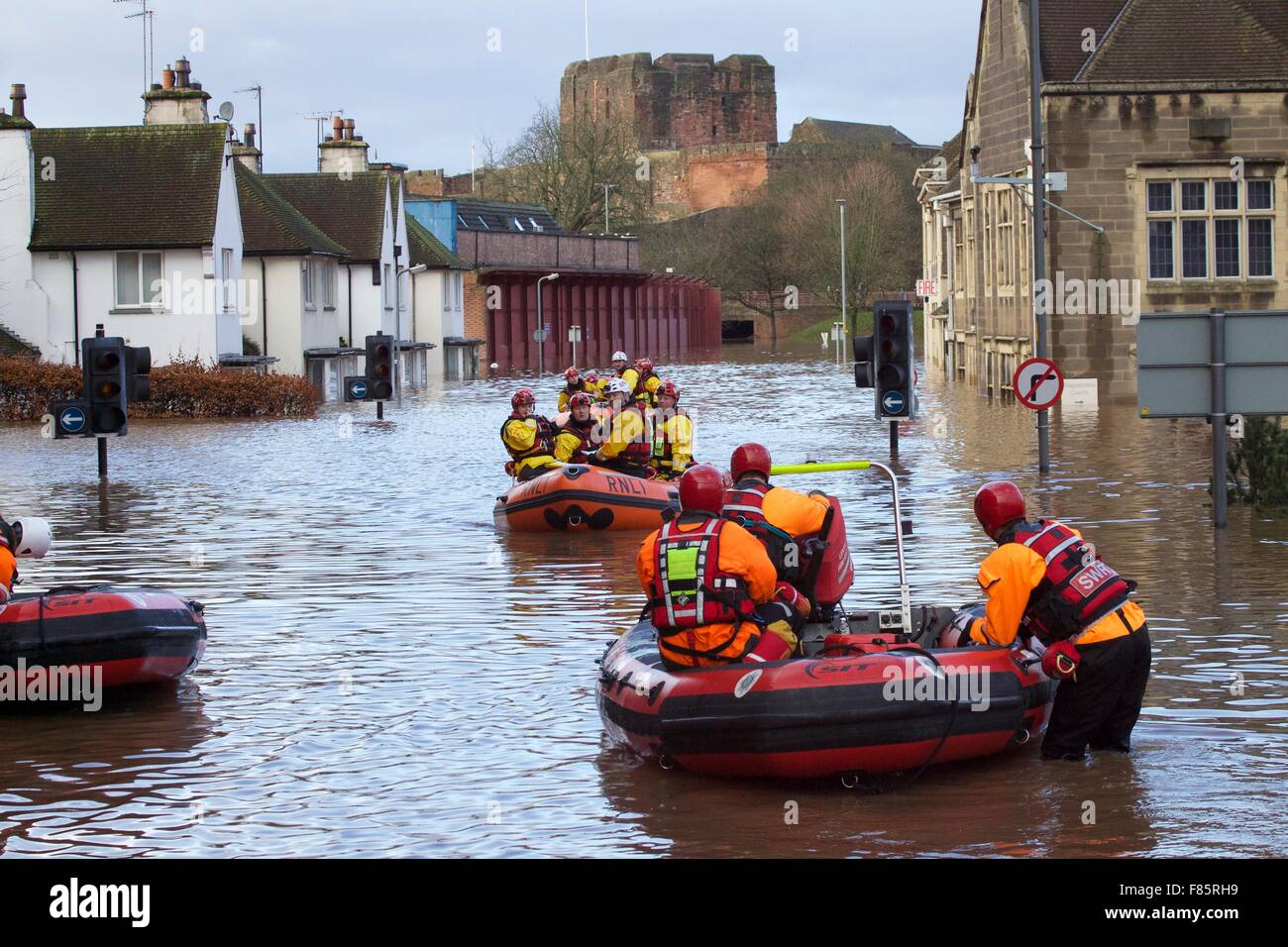Cumbria Floods. 6th December 2015. RNLI rescue team in boats in