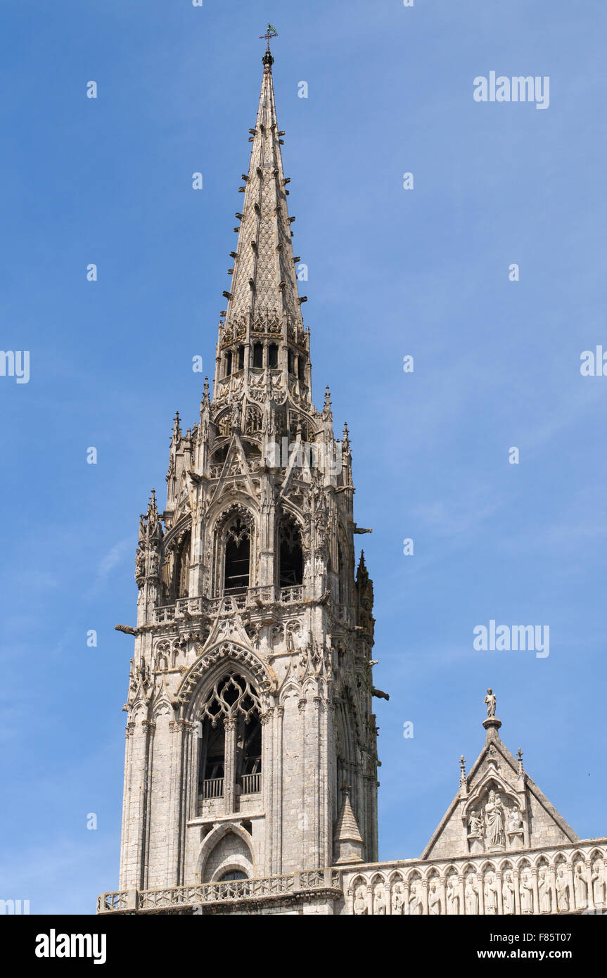 Left bell tower of the west facade, Chartres cathedral,  Eure-et-Loir, France, Europe Stock Photo