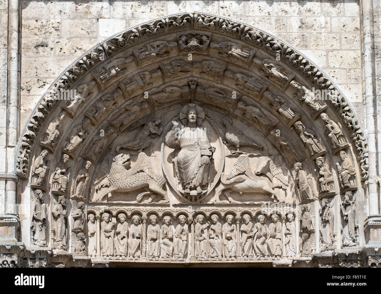 The central tympanum depicting christ and the apocalypse, Chartres cathedral west transept,  Eure-et-Loir, France, Europe Stock Photo